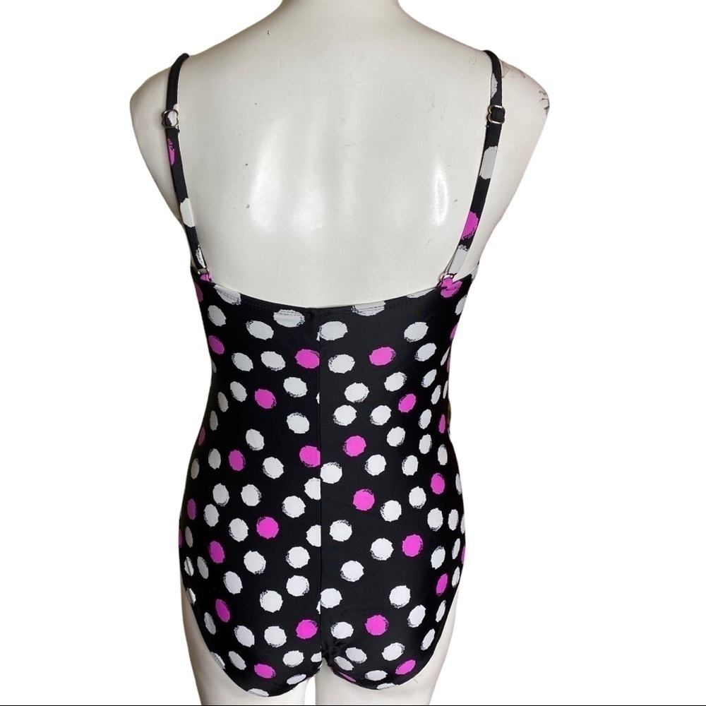 Catalina Swimsuit One Piece Polka Dot Black Pink & White Ruched Slimming - Picture 3 of 8